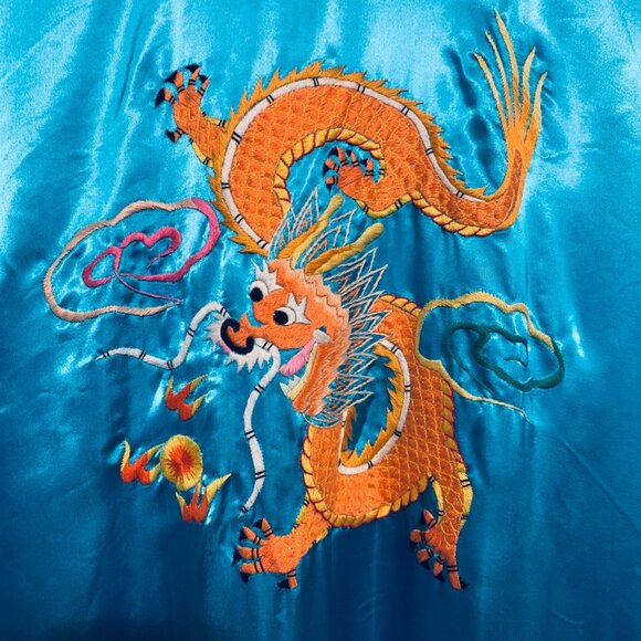 Vintage Blue Satin 5-Claw Dragon Embroidered Kimono Robe Pockets For Men Women - Picture 11 of 13